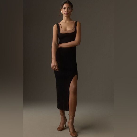 Anthropologie Small Black Knit Ribbed Sleeveless Side-Slit Sweater Midi Dress - Picture 1 of 8